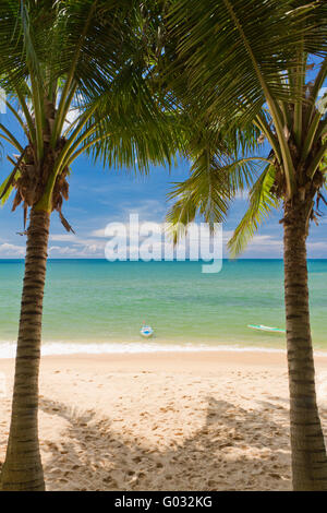 Sandstrand mit Palmen und Kanus in Phu Quoc in der Nähe von Duong Dong, Vietnam Stockfoto