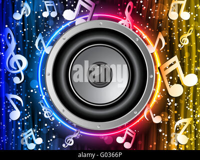 Disco-Lautsprecher mit Noten in Neon Rainbow Kreis Stockfoto