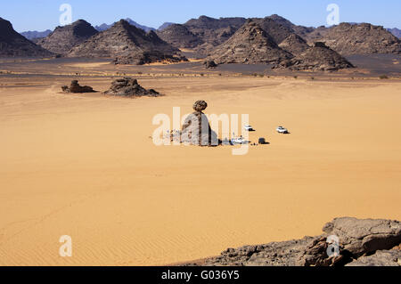 Campingplatz von einer Expedition, die Wüste Sahara, Libyen Stockfoto