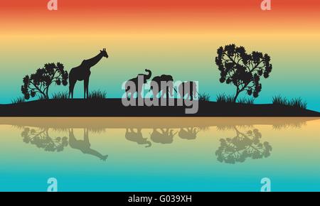 Silhouetten von afrikanischen Tieren in Morgen Stock Vektor