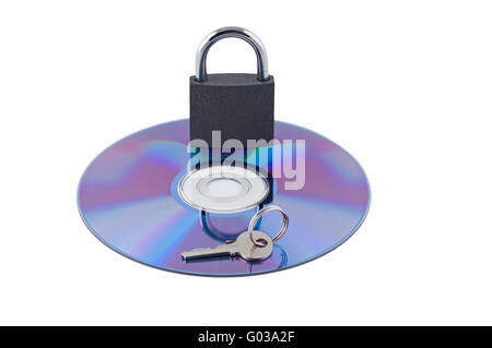 Schloss und Schlüssel auf cd isoliert. Konzept-Computer-Sicherheit. Stockfoto