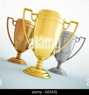 Gold, Silber und Bronze - drei glänzenden Trophäen. Stockfoto