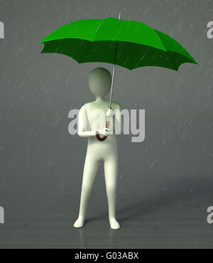 CG-Charakter hält ein Dach steht in einem Regen Stockfoto