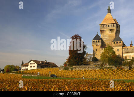 Schloss Vufflens-le-Château, Kanton Waadt, Ausrüstu Stockfoto