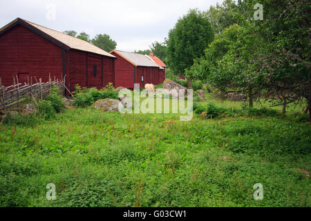 Pferd vor Rote Hütte. Schweden Stockfoto