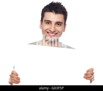 hübscher junger Mann, die Anzeige eines Werbebanners isoliert auf weißem Hintergrund Stockfoto