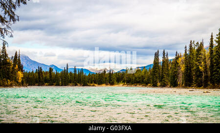 Das Treffen auf dem Athabasca River und den Whirlpool-Fluss im Jasper-Nationalpark in den kanadischen Rocky Mountains Alberta Stockfoto