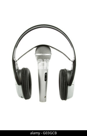 In der Luft! Kabellose Kopfhörer Mikrofon DJ drauf isoliert auf weißem Hintergrund Stockfoto