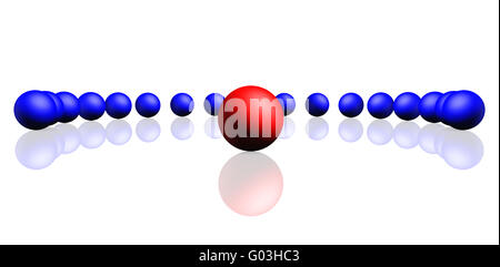 Einzigartige rote Kugel mit einer Reihe von dunklen blauen Kugeln Stockfoto