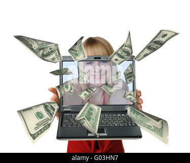 Die Frau mit dem Laptop in den Händen und ausfliegen Dollar Stockfoto