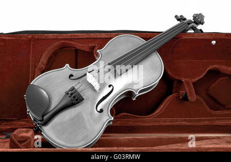 Blacnk und weiße italienische Violine in rot braun Fall isoliert auf weiss Stockfoto