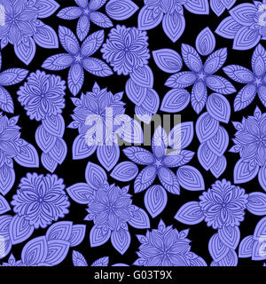 nahtlose Muster von blauen Blüten auf einem schwarzen backgr Stockfoto