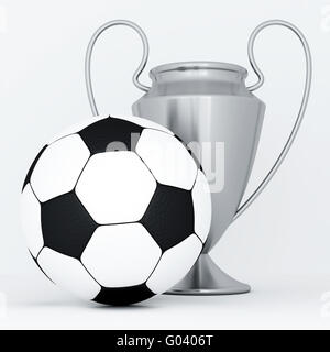 Cup und Fußball Silberkugel auf weißem Hintergrund Stockfoto