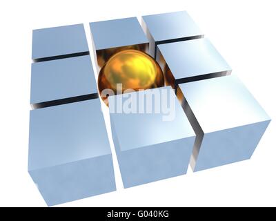 In einem Umfeld von Würfel aus poliertem Silber Gold einzigartige Kugel Stockfoto