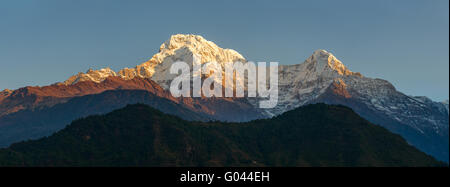 Die Annapurna-Süd und Hiunchuli bei Sonnenaufgang Panoramablick, Nepal Stockfoto