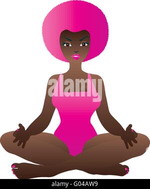 Eine Cartoon-Frau in der Yoga Lotus-Position isoliert auf weiss Stock Vektor