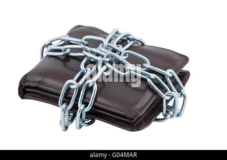 Brieftasche in Ketten isoliert auf weißem Hintergrund. Stockfoto