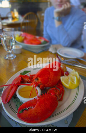 Einfache klassische Maine Lobster Essen mit Zitrone und Butter Quelle mit Mädchen, die immer bereit, die d genießen im Restaurant serviert. Stockfoto