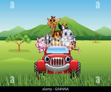 Cartoon Tiere Afrikas in das rote Auto Stock Vektor