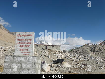 Meilenstein der Höhe des Mount Everest Base Camp, Höhe von 5200 über dem Meeresspiegel auf der Tibet-Seite angibt. Stockfoto