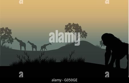Silhouette der Gorilla und giraffe Stock Vektor