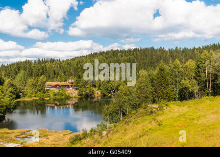 Wunderschöne Landschaft mit Hütte in der Nähe von einem See und Bäumen Stockfoto