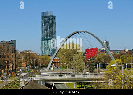 Ältere (2017) Skyline von Manchester von Süden mit Hulme Arch und Teil der Manchester Metropolitan University auf der linken Seite. Neuere 2021 Aufnahmen, die ich selbst habe. Stockfoto