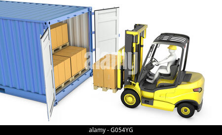 Gelben Gabelstapler entlädt Frachtcontainer Stockfoto