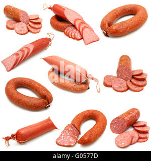Wurst-Sammlung isoliert auf weißem Hintergrund Stockfoto