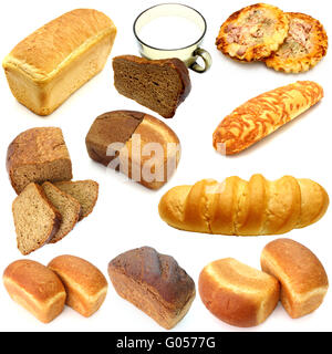 Auswahl an verschiedenen Arten von Brot isolierten auf weißen Hintergrund Stockfoto