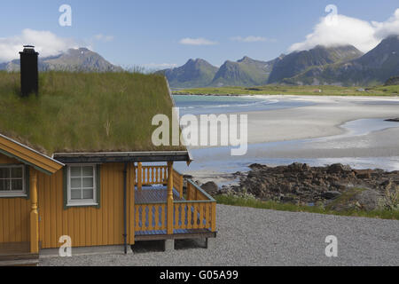 Skandinavische Kabine mit Dach des Grases, Lofoten Stockfoto