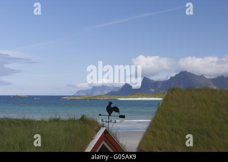 Skandinavische Kabine mit Dach des Grases, Lofoten Stockfoto