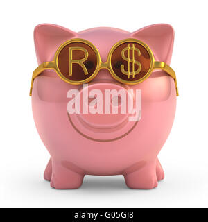 Sparschwein mit Sonnenbrille mit brasilianischen Geld Zeichen (Real). Clipping-Pfad enthalten. Stockfoto