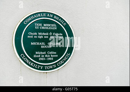 Eine Gedenktafel für das Haus, wo Michael Collins in Clonakilty, West Cork, Irland lebte. Stockfoto