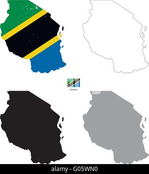 Tansania Land schwarze Silhouette und mit Flagge auf Hintergrund Stock Vektor