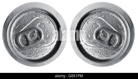 Nahaufnahme von metallischen Bier oder Soda kann auf weißem Hintergrund. Metall kann von oben schießen. Stockfoto