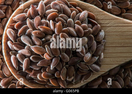 Hölzerne Löffel voll von Brown Flachs Samen auf Leinsamen Stockfoto