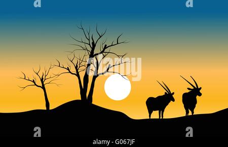 Silhouette des trockenen Baum und Antilopen Stock Vektor