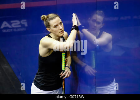 Kuala Lumpur, Malaysia. 29. April 2016. British Laura Massaro Kühlung ihre Hand auf die Glaswand an der Womens World Championships 2016 in Kuala Lumpur, Malaysia. Bildnachweis: Danny Chan/Alamy Live-Nachrichten. Stockfoto