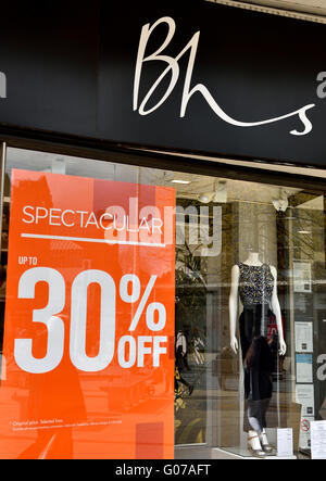 British Home Stores, BHS, Bristol Broadmead, UK, 30. April 2016. Mit finanziellen Schwierigkeiten hat führt zum Zusammenbruch und Verwaltung der nationalen Kette von Läden verkaufen in Stores. "Kredit: CHARLES STIRLING/Alamy Live-News" Stockfoto