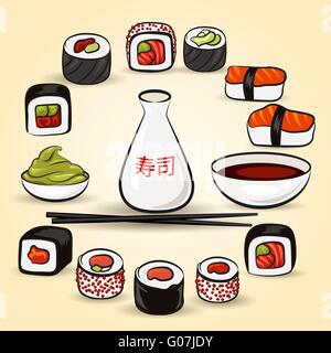 Sushi Bar eingestellt. Sortierte Japan Essen und Arten. Abbildung im Cartoon-Stil. Stock Vektor