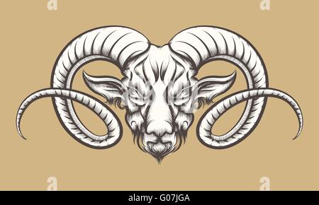 Head of A Ram im Tattoo-Stil gezeichnet. Isoliert auf Monochrom. Stock Vektor