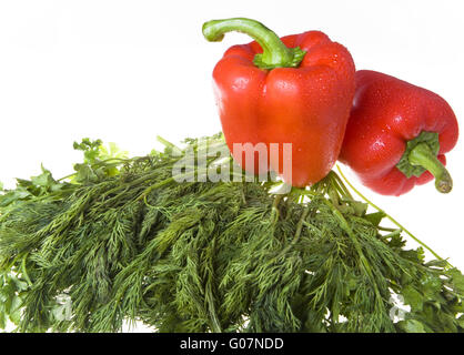 Saftige bulgarische Paprika und grüne Fenchel und Pa Stockfoto