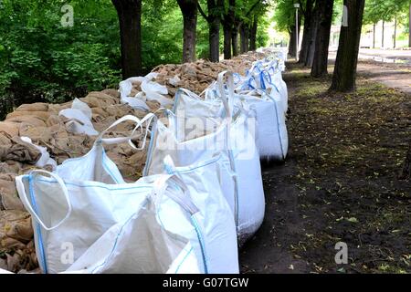 Sandsäcke zum Schutz vor Hochwasser in Magdeburg Stockfoto