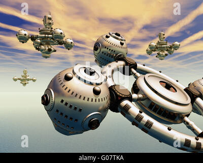 Erdatmosphäre mit Außerirdischen Raumschiffe Stockfoto