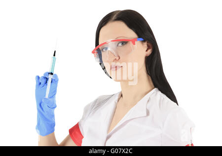 Ärztin, die das Tragen einer Schutzbrille mit Spritze Stockfoto