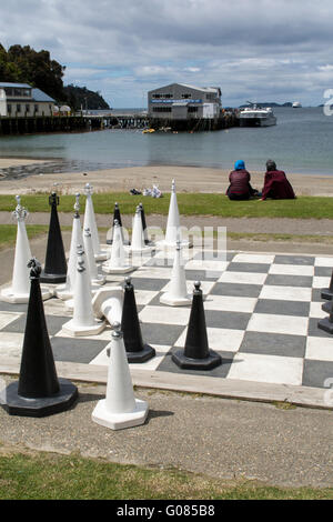 Neuseeland, Stewart Island aka Rakiura, die drittgrößte Insel des Landes. Halfmoon Bay (Oban). Riesen am Meer Schach. Stockfoto