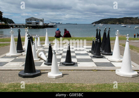 Neuseeland, Stewart Island aka Rakiura, die drittgrößte Insel des Landes. Halfmoon Bay (Oban). Riesen am Meer Schach. Stockfoto