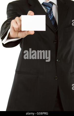 Business-Mann hält Leere Visitenkarte isoliert auf weiss Stockfoto