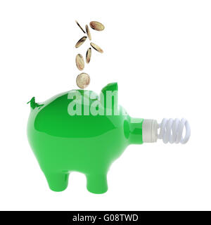 Euro-Münzen fallen in grünen Sparschwein mit Energie effiziente Glühbirne Stockfoto